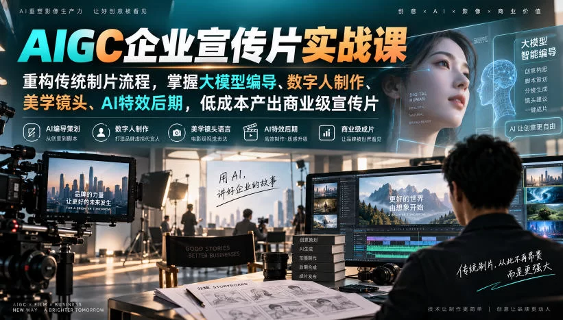 AIGC企业宣传片实战课，重构传统制片流程，掌握大模型编导、数字人制作、美学镜头、AI特效后期，低成本产出商业级宣传片-小二项目网