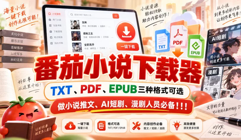 番茄小说下载器，TXT、PDF、EPUB三种格式可选，做小说推文、AI短剧、漫剧人员必备！！！-小二项目网