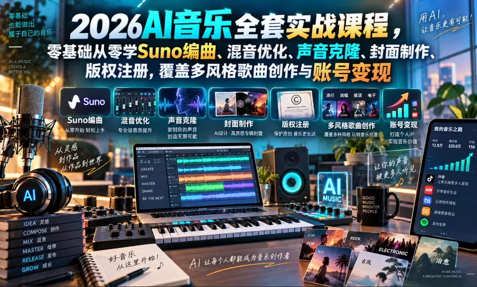 2026AI音乐实战课程，零基础从零学Suno编曲、混音优化、声音克隆、版权注册，覆盖多风格歌曲创作与账号变现-小二项目网
