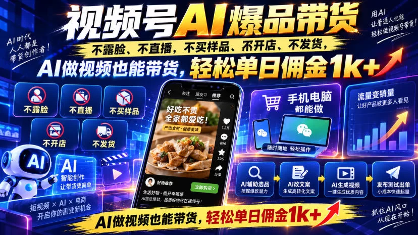 视频号Ai爆品带货，不露脸、不直播、不买样品、不开店、不发货，AI做视频也能带货，轻松单日佣金1k+-小二项目网