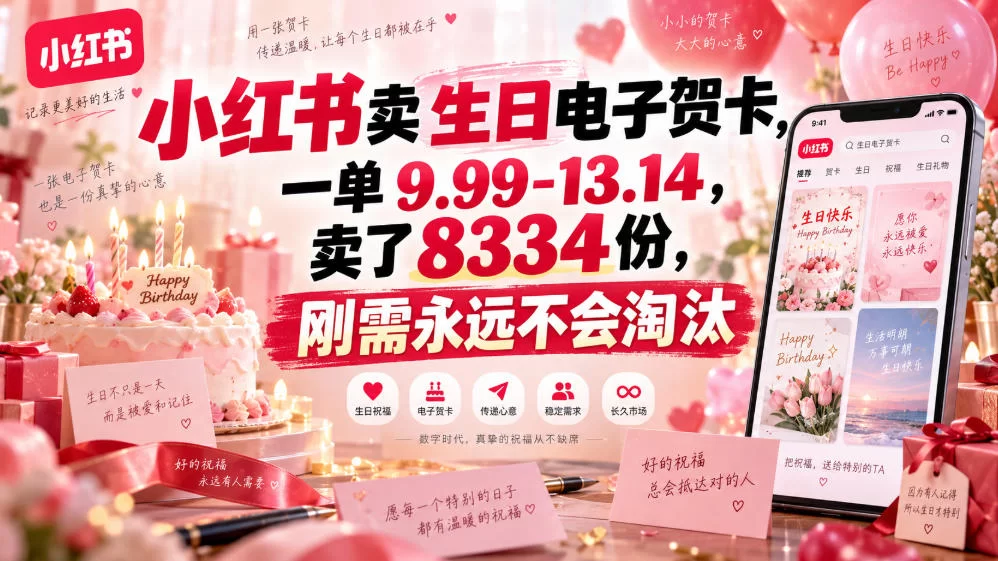 小红书卖生日电子贺卡，一单9.99-13.14，卖了8334份，刚需永远不会淘汰-小二项目网