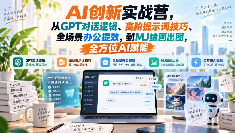 AI创新实战营，从GPT对话逻辑、高阶提示词技巧、全场景办公提效，到MJ绘画出图，全方位AI赋能-小二项目网