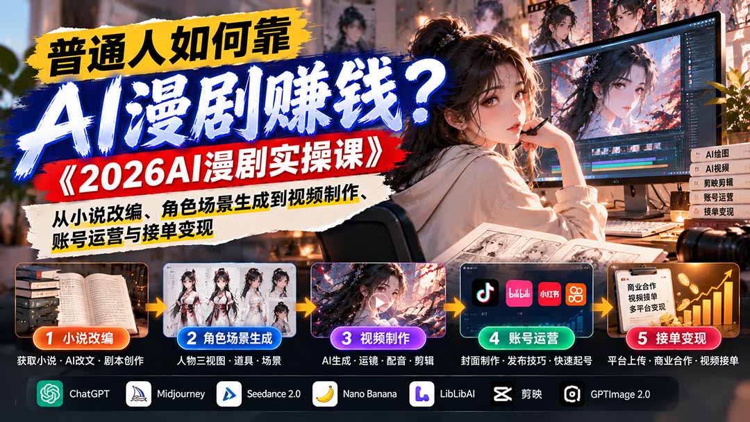 （21173期）普通人如何靠AI漫剧赚钱？《2026AI漫剧实操课》从小说改编、角色场景生成到视频制作、账号运营与接单变现-小二项目网