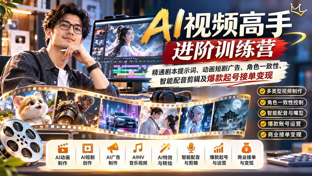 （21174期）AI视频高手进阶训练营：精通剧本提示词、动画短剧广告、角色一致性、智能配音剪辑及爆款起号接单变现-小二项目网