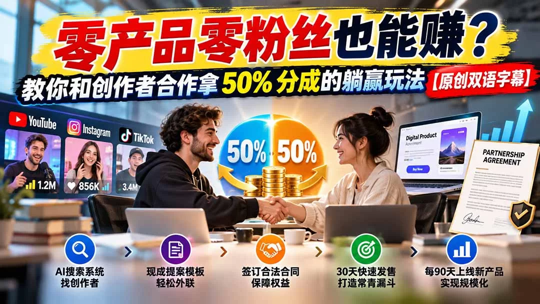 （20957期）零产品零粉丝也能赚？教你和创作者合作拿 50% 分成的躺赢玩法【原创双语字幕】-小二项目网