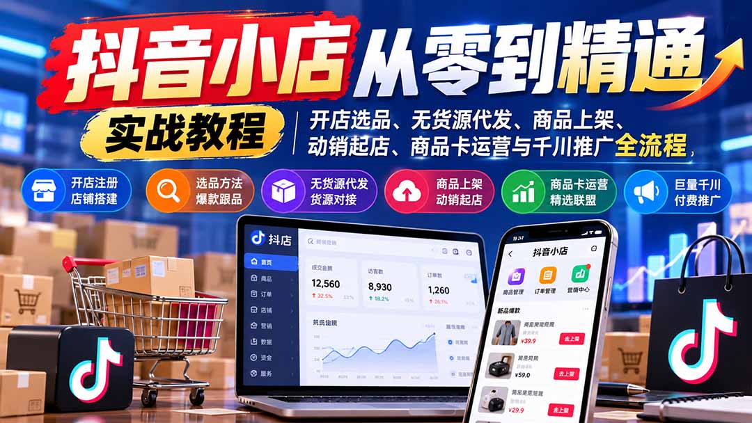 （21264期）抖音小店从零到精通实战教程：开店选品、无货源代发、商品上架、动销起店、商品卡运营与千川推广全流程-小二项目网