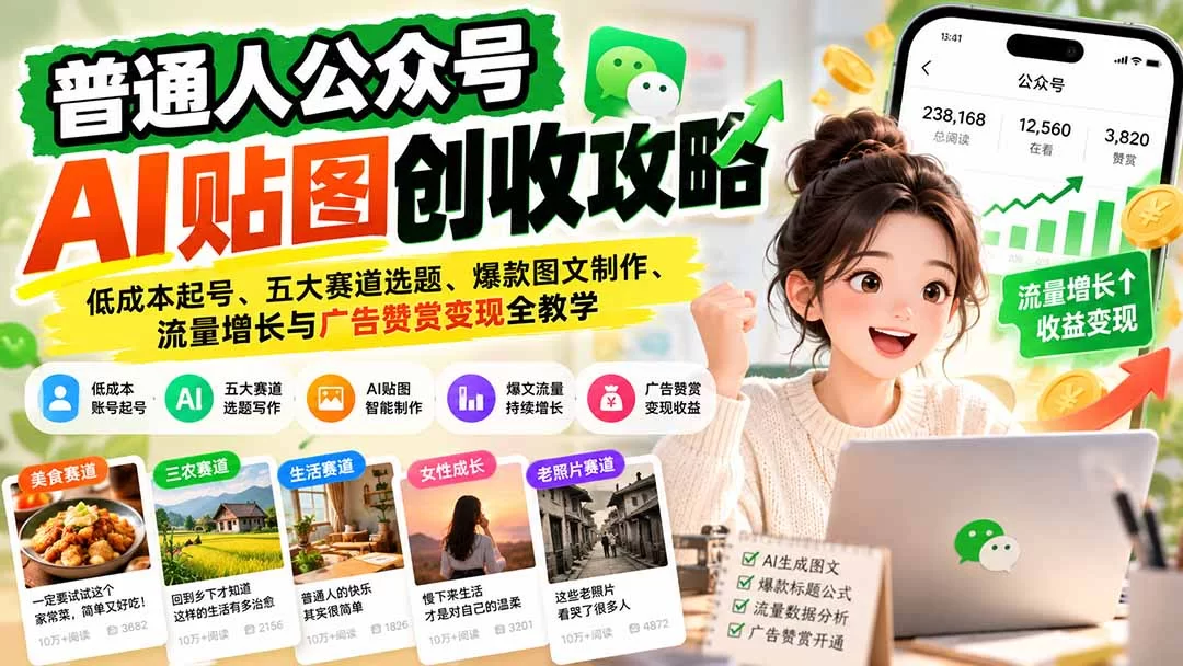 （20972期）普通人公众号AI贴图创收攻略：低成本起号、五大赛道选题、爆款图文制作、流量增长与广告赞赏变现全教学-小二项目网