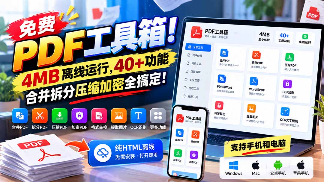 (21197期)免费PDF工具箱!4MB离线运行,40+功能,合并拆分压缩加密全搞定!-小二项目网