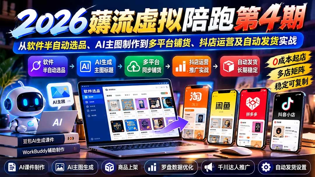 （20986期）2026薅流虚拟陪跑第4期：从软件半自动选品、AI主图制作到多平台铺货、抖店运营及自动发货实战-小二项目网