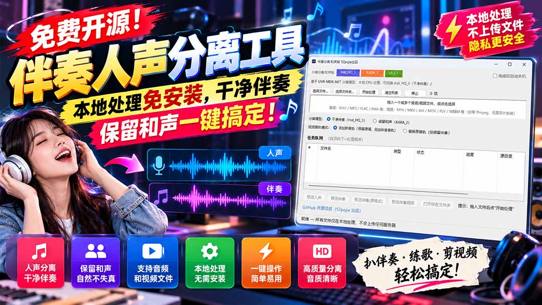 （21198期）免费开源！伴奏人声分离工具，本地处理免安装，干净伴奏，保留和声一键搞定！-小二项目网