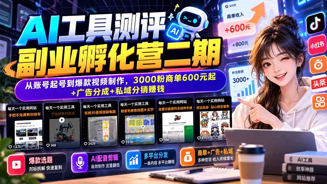 （20799期）AI工具测评副业孵化营二期：从账号起号到爆款视频制作，3000粉商单600元起+广告分成+私域分销赚钱-小二项目网
