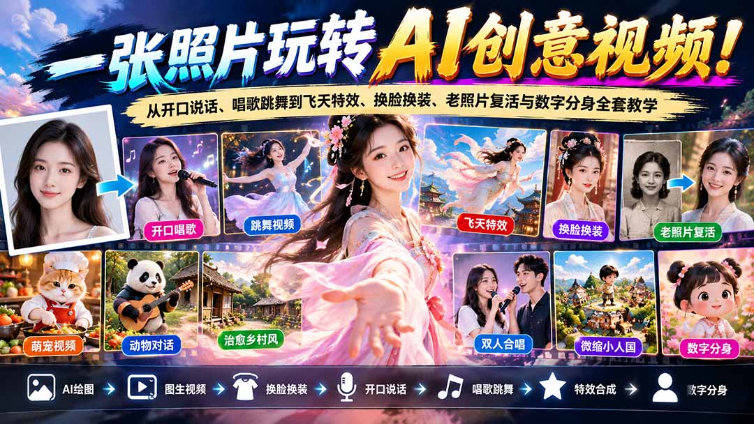 （21202期）一张照片玩转AI创意视频！从开口说话、唱歌跳舞到飞天特效、换脸换装、老照片复活与数字分身全套教学-小二项目网