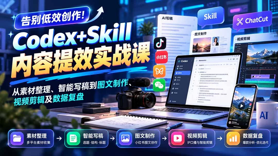 （20915期）【无水印】告别低效创作！Codex+Skill内容提效实战课：从素材整理、智能写稿到图文制作、视频剪辑及数据复盘-小二项目网