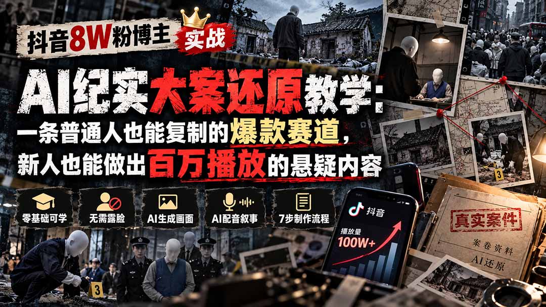 （20865期）抖音8W粉博主AI纪实大案还原教学：一条普通人也能复制的爆款赛道，新人也能做出百万播放的悬疑内容-小二项目网