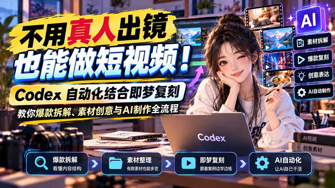 （20988期）不用真人出镜也能做短视频！Codex自动化结合即梦复刻，教你爆款拆解、素材创意与AI制作全流程-小二项目网