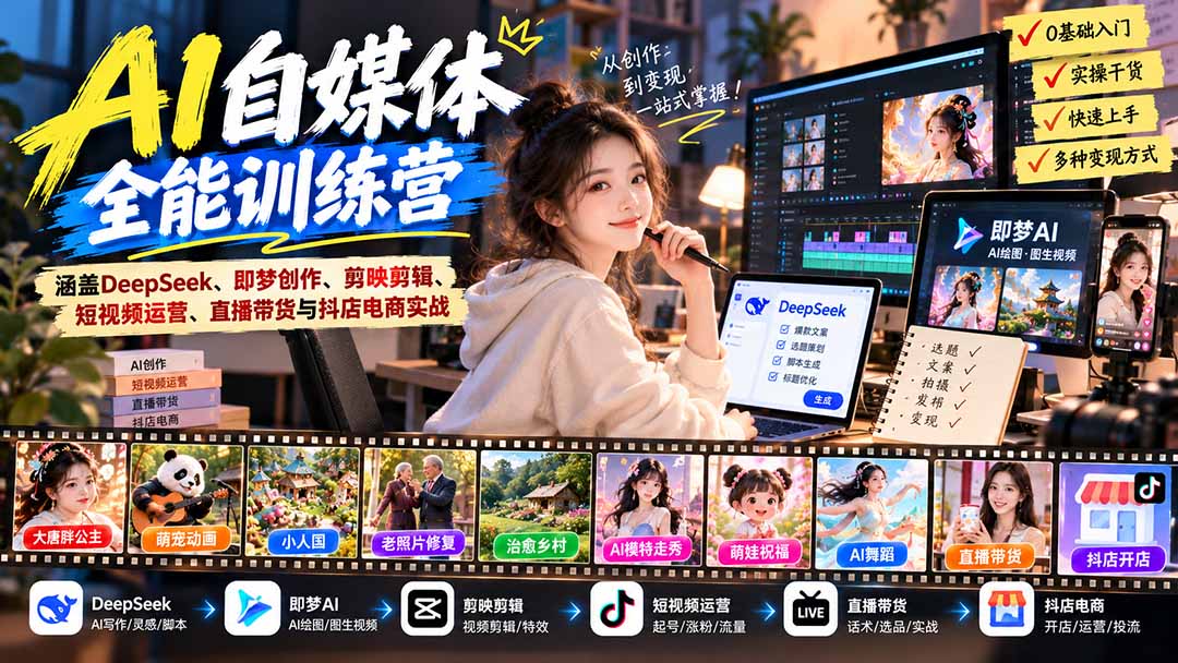 （21201期）【无水印】AI+自媒体全能训练营：涵盖DeepSeek、即梦创作、剪映剪辑、短视频运营、直播带货与抖店电商实战-小二项目网
