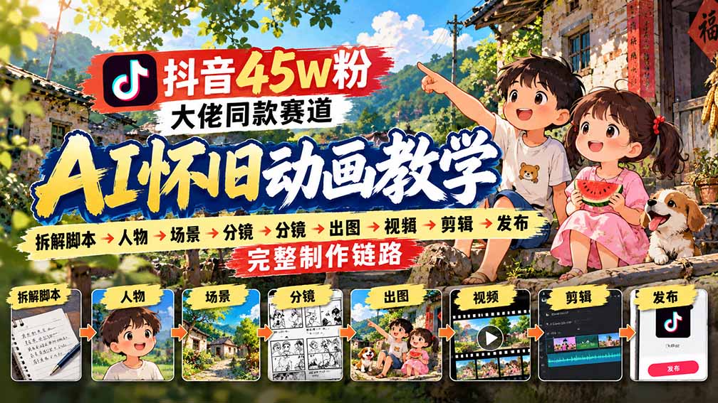 （20781期）抖音45W粉大佬同款赛道AI怀旧动画教学：拆解脚本→人物→场景→分镜→出图→视频→剪辑→发布完整制作链路-小二项目网