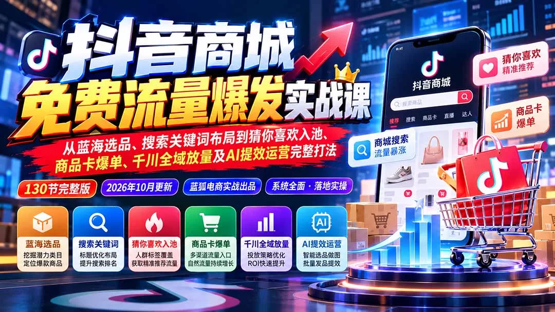 （20959期）抖音商城免费流量爆发实战：从蓝海选品、搜索关键词布局到猜你喜欢入池、商品卡爆单、千川全域放量及AI提效完整打法-小二项目网