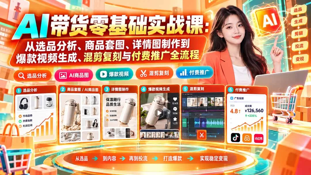 （20856期）AI带货零基础实战课：从选品分析、商品套图、详情图制作到爆款视频生成、混剪复刻与付费推广全流程-小二项目网