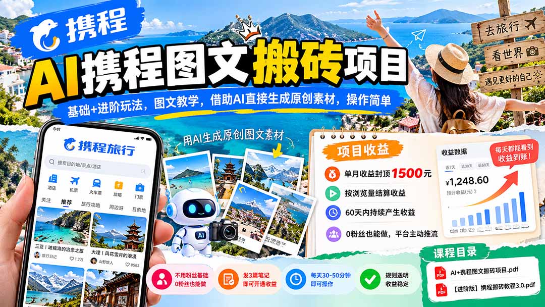 （21180期）AI携程图文搬砖项目，基础+进阶玩法，图文教学，借助AI直接生成原创素材，操作简单-小二项目网