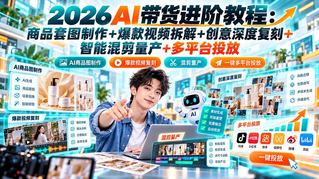 （20857期）2026AI带货进阶教程：商品套图制作+爆款视频拆解+创意深度复刻+智能混剪量产+多平台投放-小二项目网