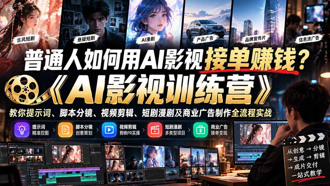 （21230期）普通人如何用AI影视接单赚钱？《AI影视训练营》教你提示词、脚本分镜、视频剪辑、短剧漫剧及商业广告制作全流程实战-小二项目网