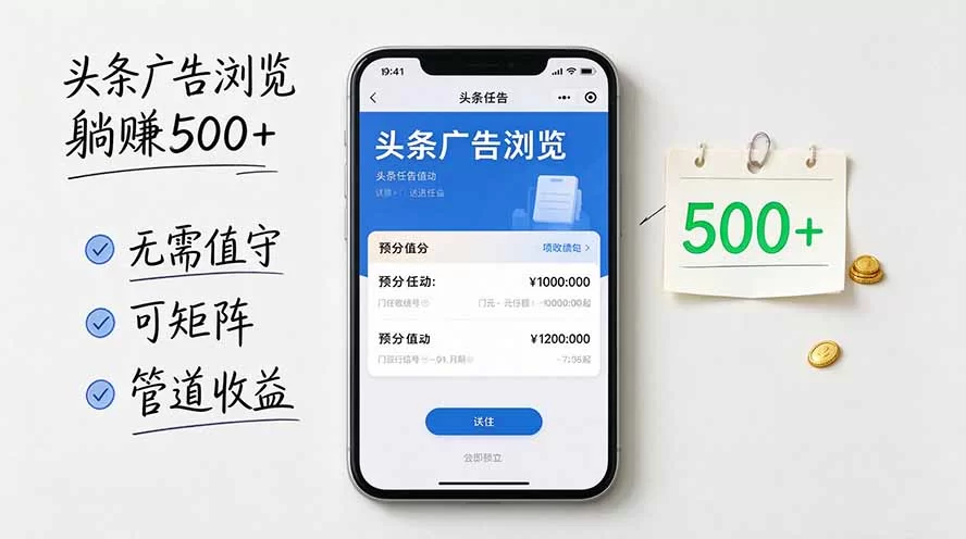 （20835期）头条广告浏览躺赚500+无需值守，可矩阵并附有管道收益-小二项目网