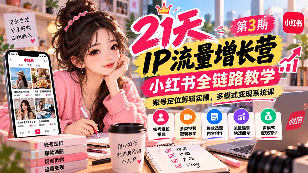 （20992期）【无水印】21天IP流量增长营-第3期，小红书全链路教学，账号定位剪辑实操，多模式变现系统课-小二项目网