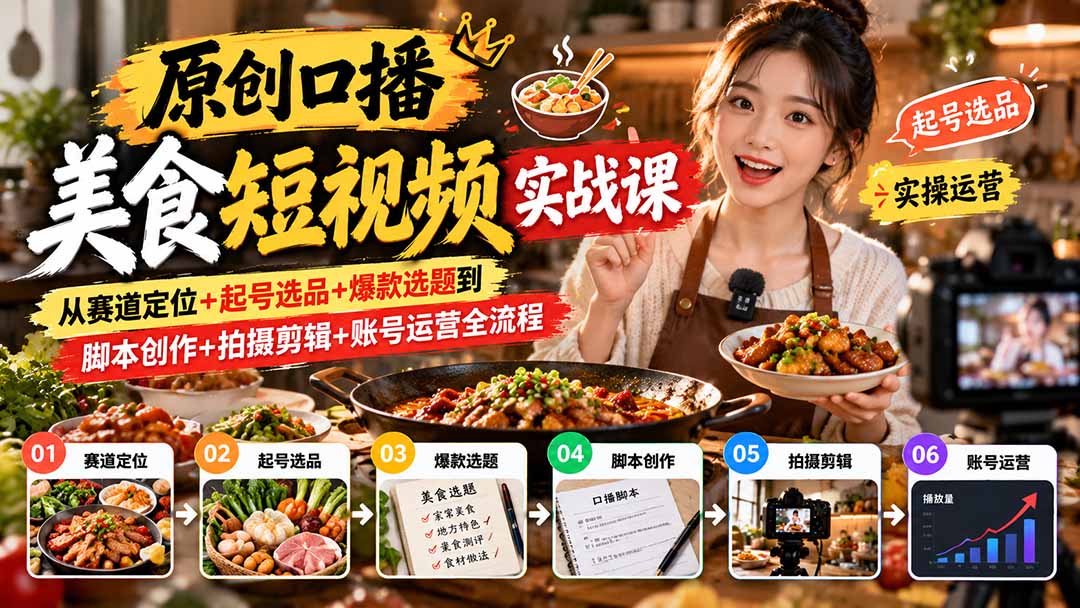 （20786期）原创口播美食短视频实战课：从赛道定位+起号选品+爆款选题到脚本创作+拍摄剪辑+账号运营全流程-小二项目网