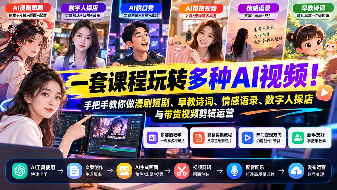 （21271期）【无水印】一套课程玩转多种AI视频！手把手教你做漫剧短剧、早教诗词、情感语录、数字人探店与带货视频剪辑运营-小二项目网