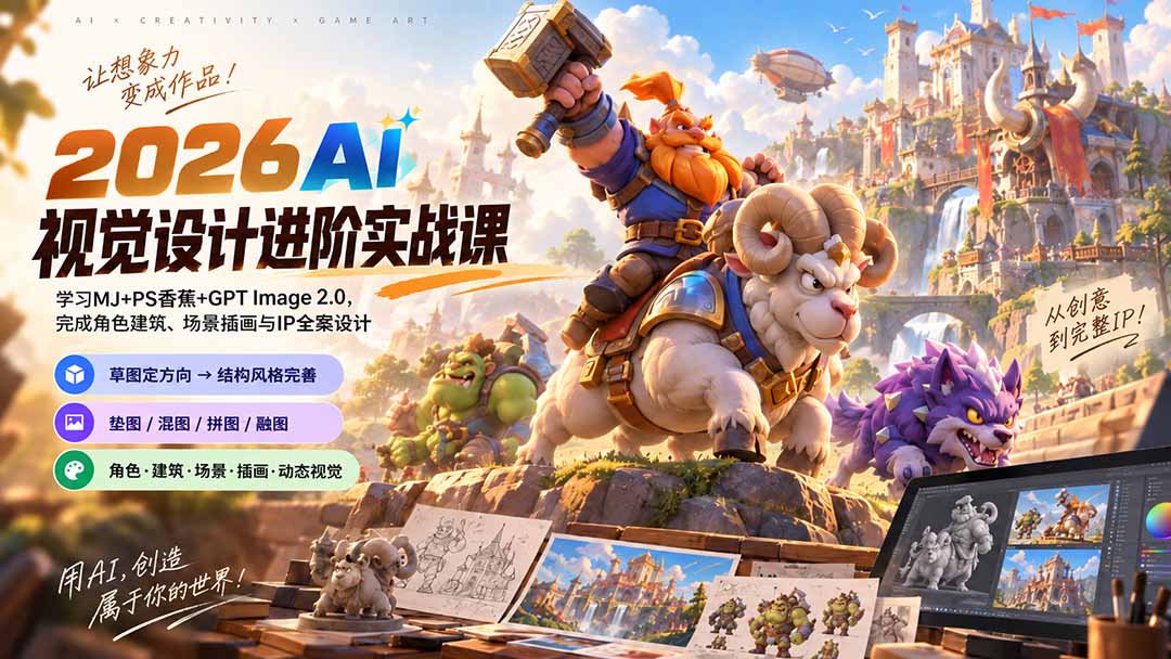 （20852期）2026AI视觉设计进阶实战课-更新1007：学习MJ+PS香蕉+GPT Image 2.0，完成角色建筑、场景插画与IP全案设计-小二项目网