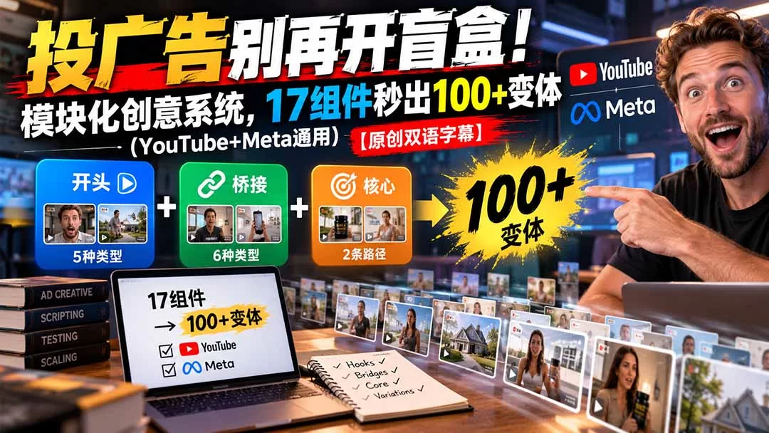 （20840期）投广告别再开盲盒！模块化创意系统，17组件秒出100+变体（YouTube+Meta通用）【原创双语字幕】-小二项目网