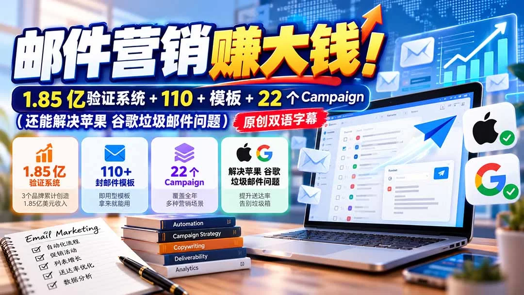 （20984期）邮件营销赚大钱！1.85亿验证系统+110+模板+22个Campaign（还能解决苹果 谷歌垃圾邮件问题）【原创双语字幕】-小二项目网