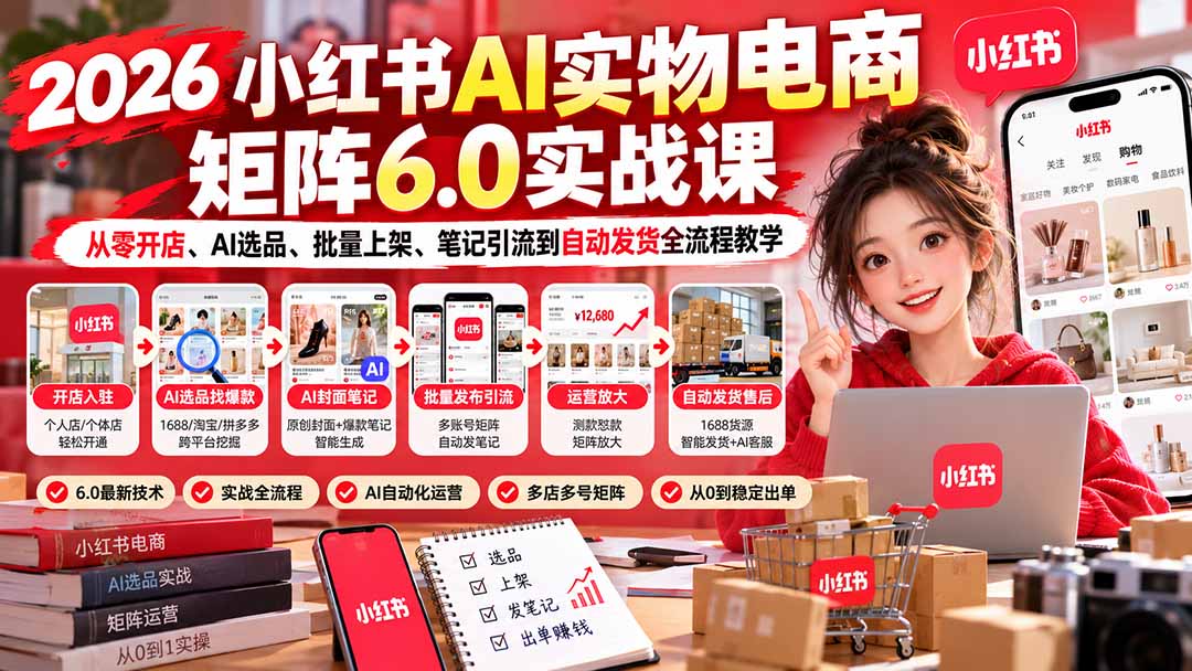 （21274期）2026小红书AI实物电商矩阵6.0实战课：从零开店、AI选品、批量上架、笔记引流到自动发货全流程教学-小二项目网