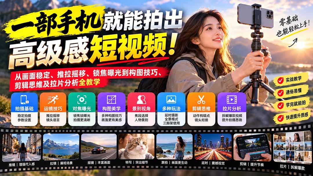 （21272期）一部手机就能拍出高级感短视频！从画面稳定、推拉摇移、锁焦曝光到构图技巧、剪辑思维及拉片分析全教学-小二项目网