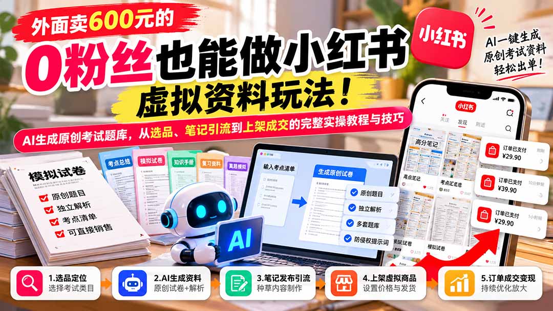 （21181期）外面卖600元的 零粉丝也能做小红书虚拟资料玩法！AI生成原创考试题库，从选品、笔记引流到上架成交的完整实操教程-小二项目网