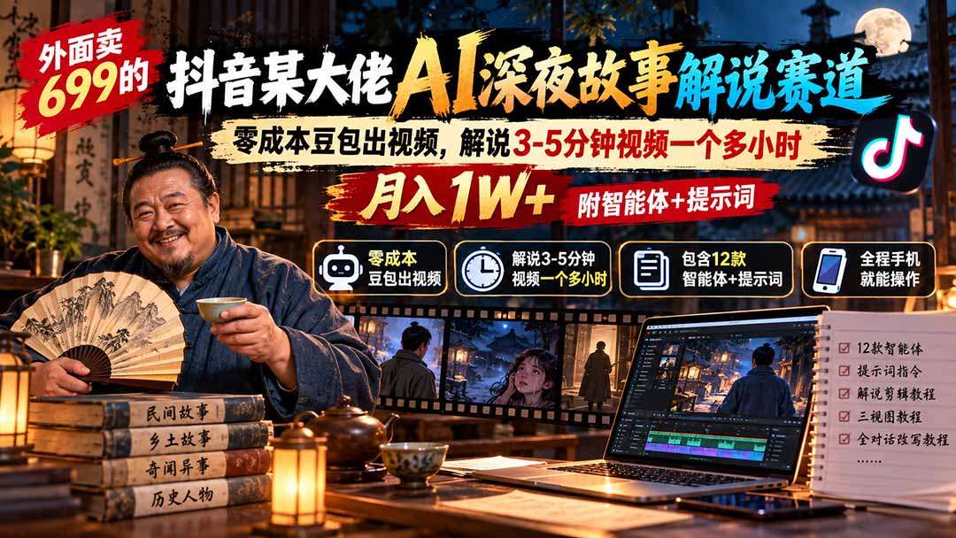 （20853期）外面卖699抖音某大佬AI深夜故事解说赛道-更新：0成本豆包出视频+解说3-5分钟视频一个多小时，月入1W+附智能体+提示词-小二项目网