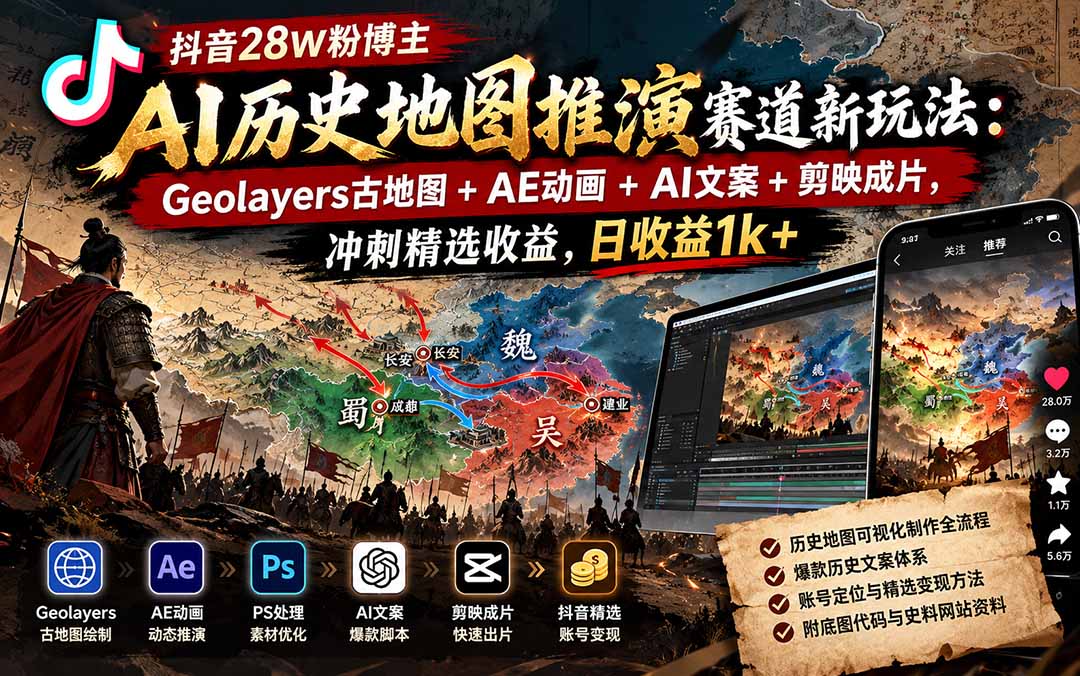 （20809期）抖音28W粉博主AI历史地图推演赛道新玩法：Geolayers古地图+AE动画+AI文案+剪映成片，冲刺精选收益，日收益1k+-小二项目网
