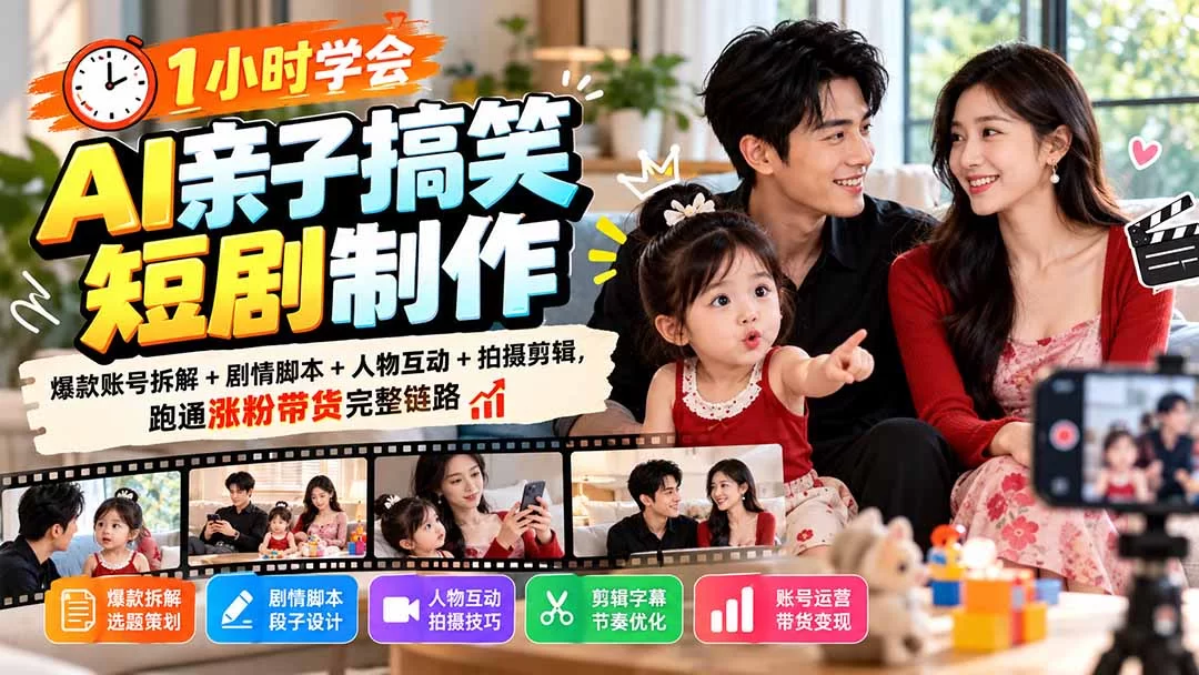 （20807期）1小时学会AI亲子搞笑短剧制作：爆款账号拆解+剧情脚本+人物互动+拍摄剪辑，跑通涨粉带货完整链路-小二项目网