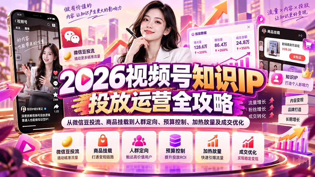 （20860期）2026视频号知识IP投放运营全攻略：从微信豆投流、商品挂载到人群定向、预算控制、加热放量及成交优化-小二项目网