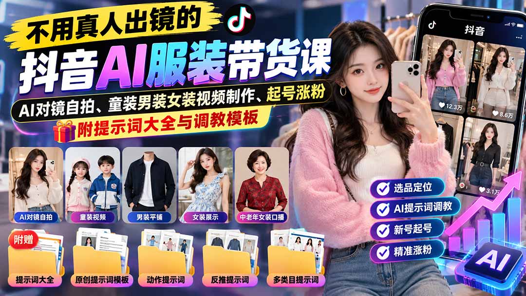 （20960期）不用真人出镜的抖音AI服装带货课：AI对镜自拍、童装男装女装视频制作、起号涨粉，附提示词大全与调教模板-小二项目网