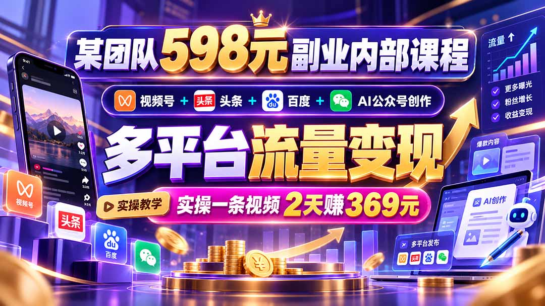 （21238期）某团队598元副业内部课程：视频号+头条+百度+AI公众号创作、多平台流量变现，实操一条视频2天赚369元-小二项目网