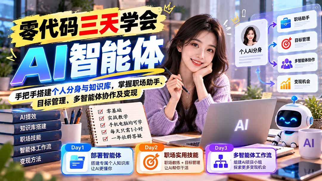 （20978期）【无水印】零代码三天学会AI智能体：手把手搭建个人分身与知识库，掌握职场助手、目标管理、多智能体协作及变现-小二项目网