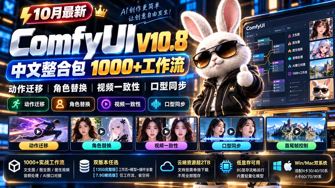 （21240期）10月最新ComfyUI V10.8中文整合包 1000+工作流 动作迁移 角色替换 视频一致性 口型同步 低显存可用-小二项目网