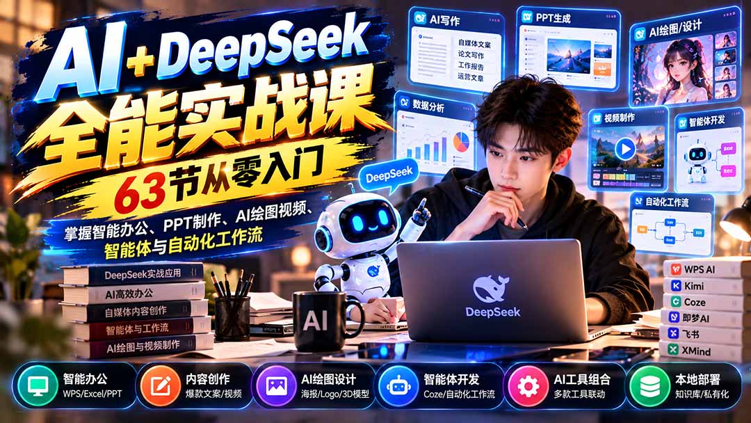 （21141期）AI+DeepSeek全能实战课：63节从零入门，掌握智能办公、PPT制作、AI绘图视频、智能体与自动化工作流-小二项目网