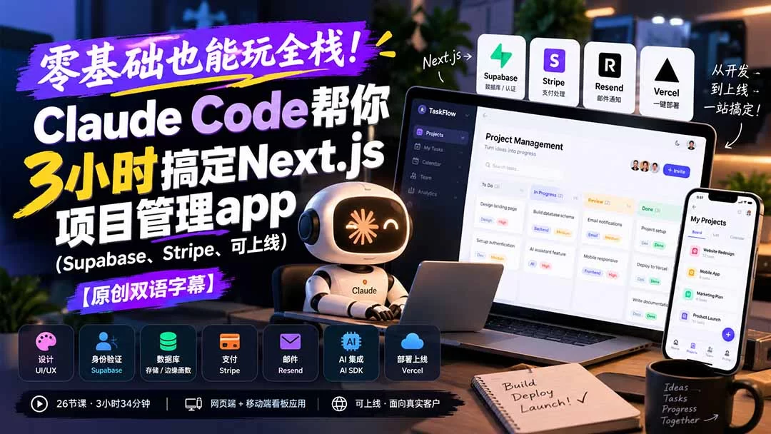 （20907期）零基础也能玩全栈！Claude Code帮你3小时搞定Next.js项目管理app（Supabase、Stripe、可上线）【原创双语字幕】-小二项目网