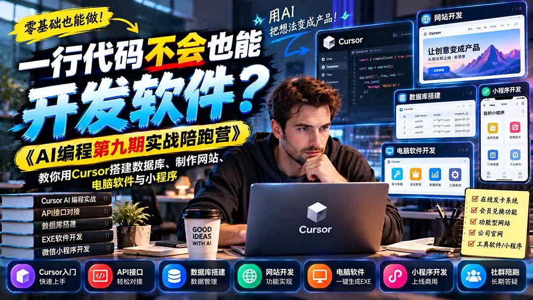 （21146期）一行代码不会也能开发软件？《AI编程第九期实战陪跑营》教你用Cursor搭建数据库、制作网站、电脑软件与小程序-小二项目网