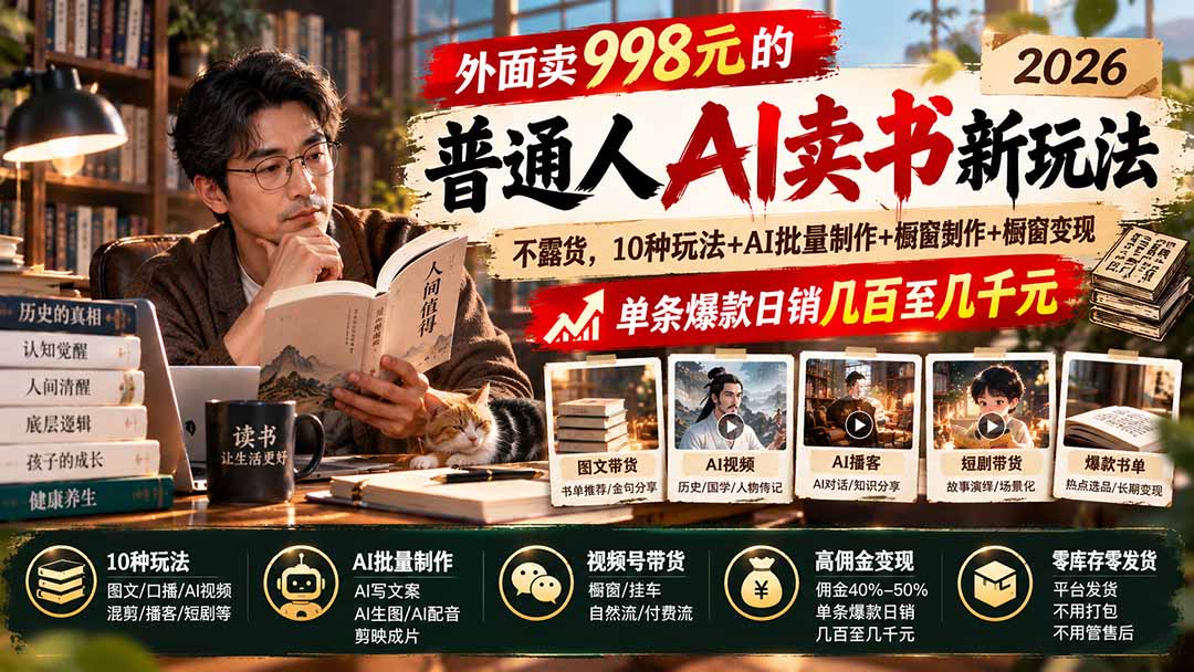 （20909期）外面卖998元的2026普通人AI卖书新玩法：不露脸、不囤货，10种玩法+AI批量制作+橱窗变现，单条爆款日销几百至几千元-小二项目网