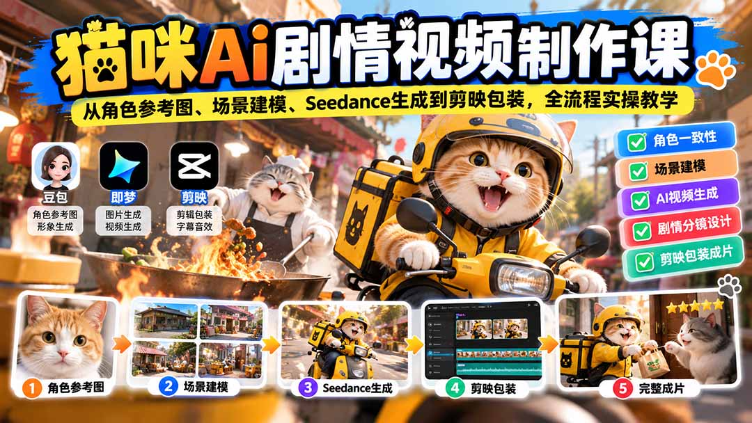 （20793期）猫咪AI剧情视频制作课：从角色参考图、场景建模、Seedance生成到剪映包装，全流程实操教学-小二项目网
