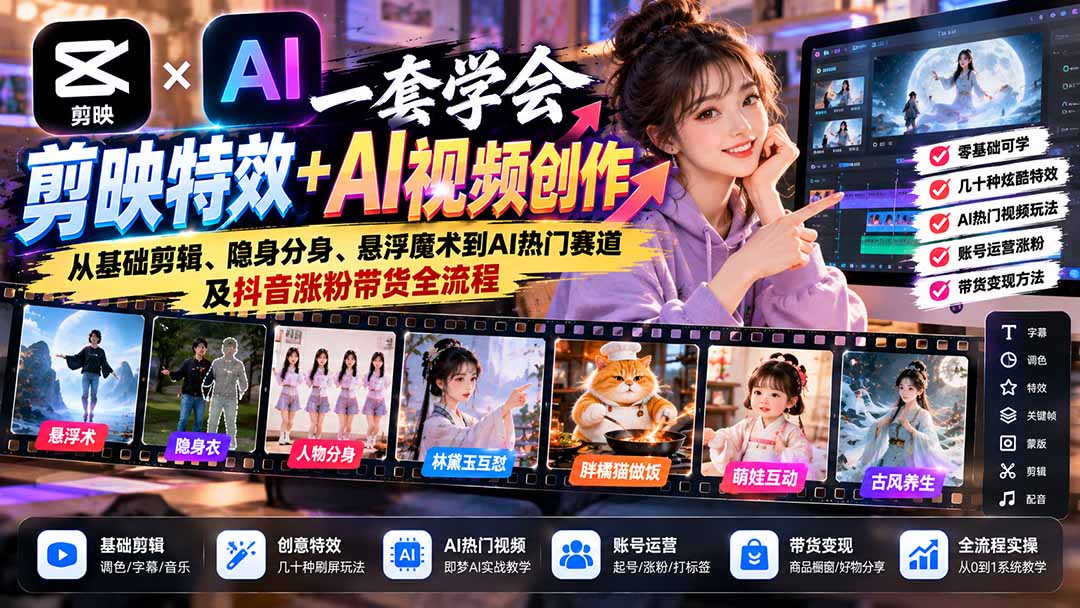（20999期）一套学会剪映特效+AI视频创作：从基础剪辑、隐身分身、悬浮魔术到AI热门赛道及抖音涨粉带货全流程-小二项目网